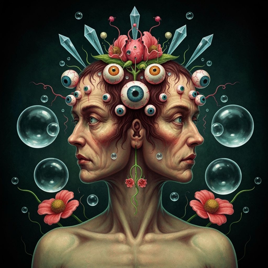 Psychedelic Janus Figure with Eyes and Flowers