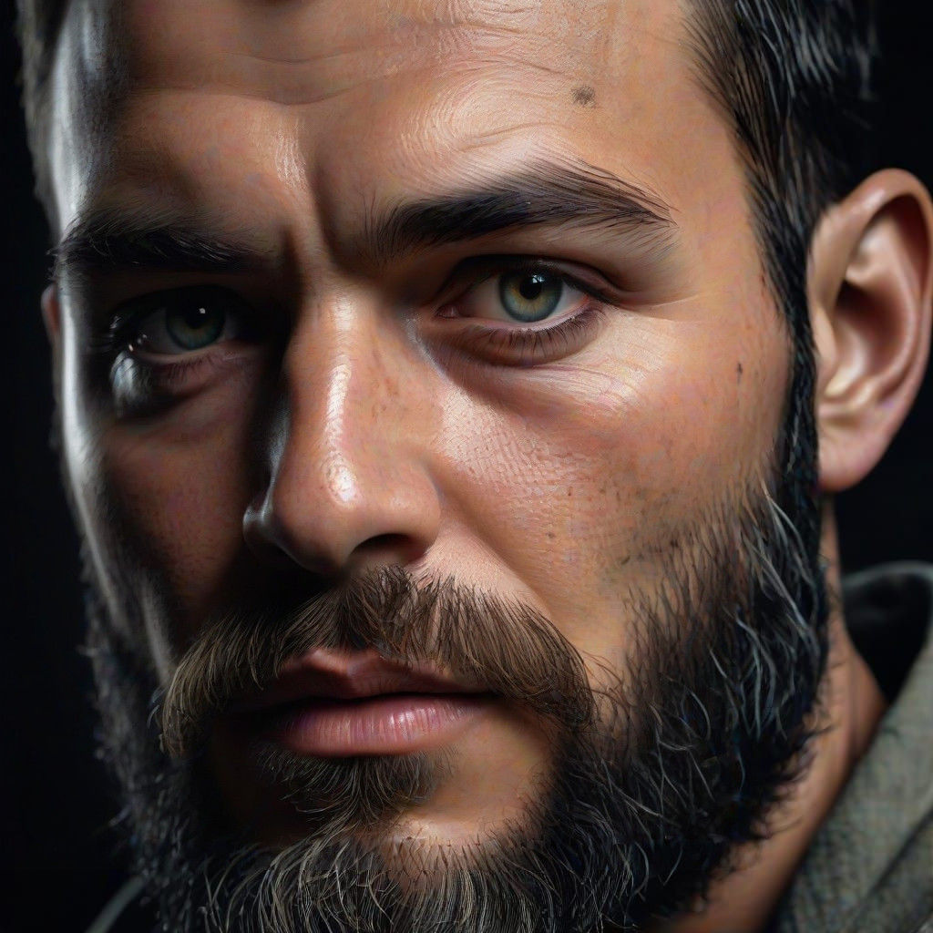 Rugged Male Portrait with Intricate Tattoo and Beard Stubble