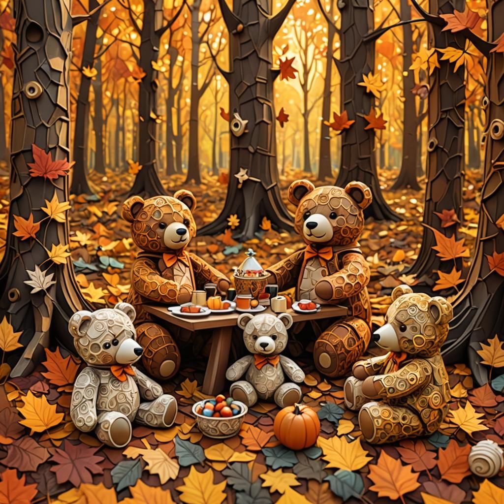 Teddy Bears' Autumn Picnic in Fractal Art Style