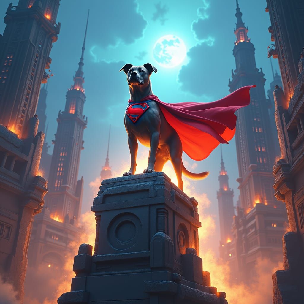 Heroic Superman Dog in Mystical Metropolis