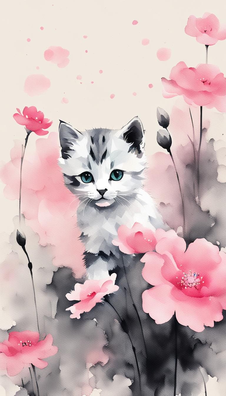Minimalist Kitten and Flower Garden in Ink