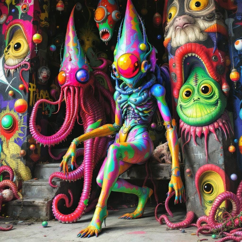 Vibrant Alien Warlord With Psychedelic Mural Background