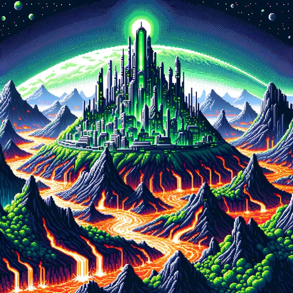 8-Bit Futuristic City on a Rocky Mountain Amidst Lava
