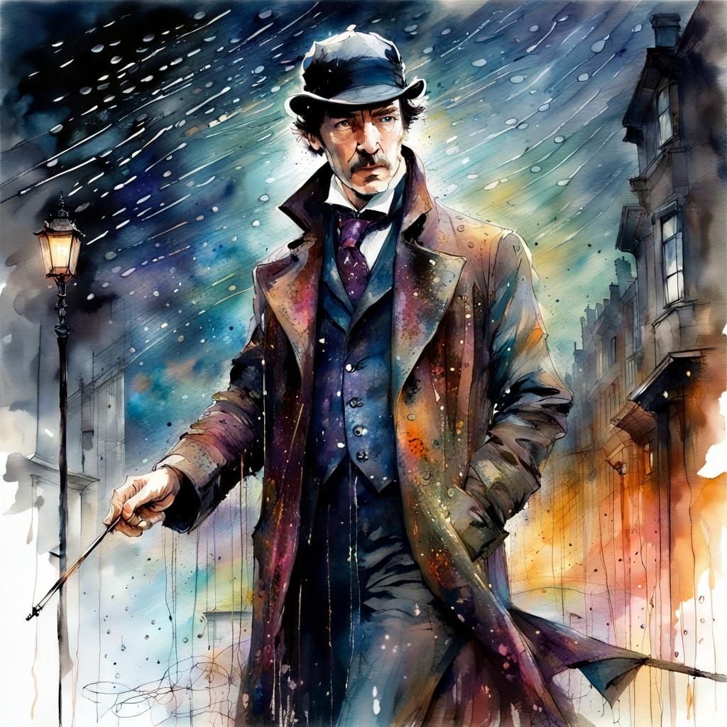 Sherlock Holmes Night Investigation in Watercolor Style