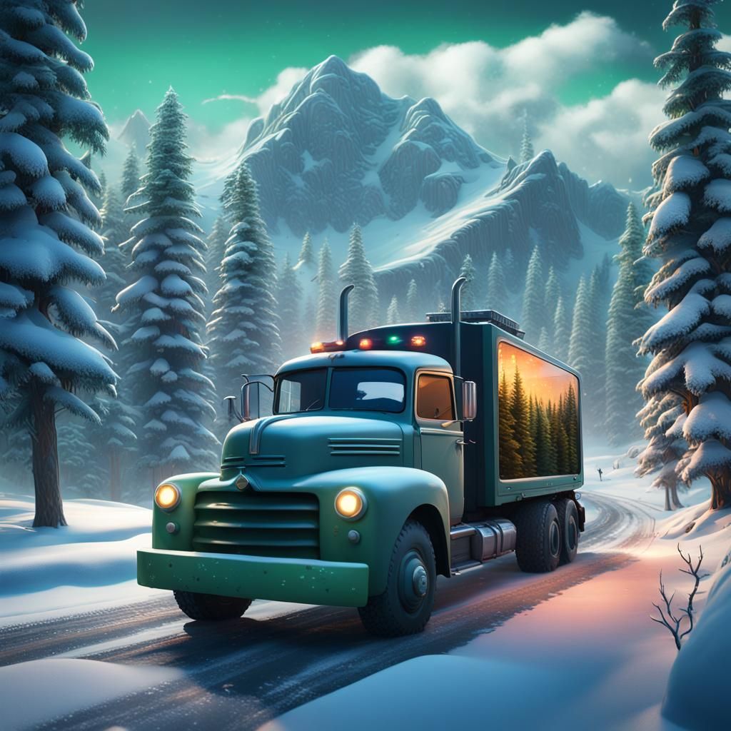 Truck Carrying 3D Printer on Snowy Mountain Road