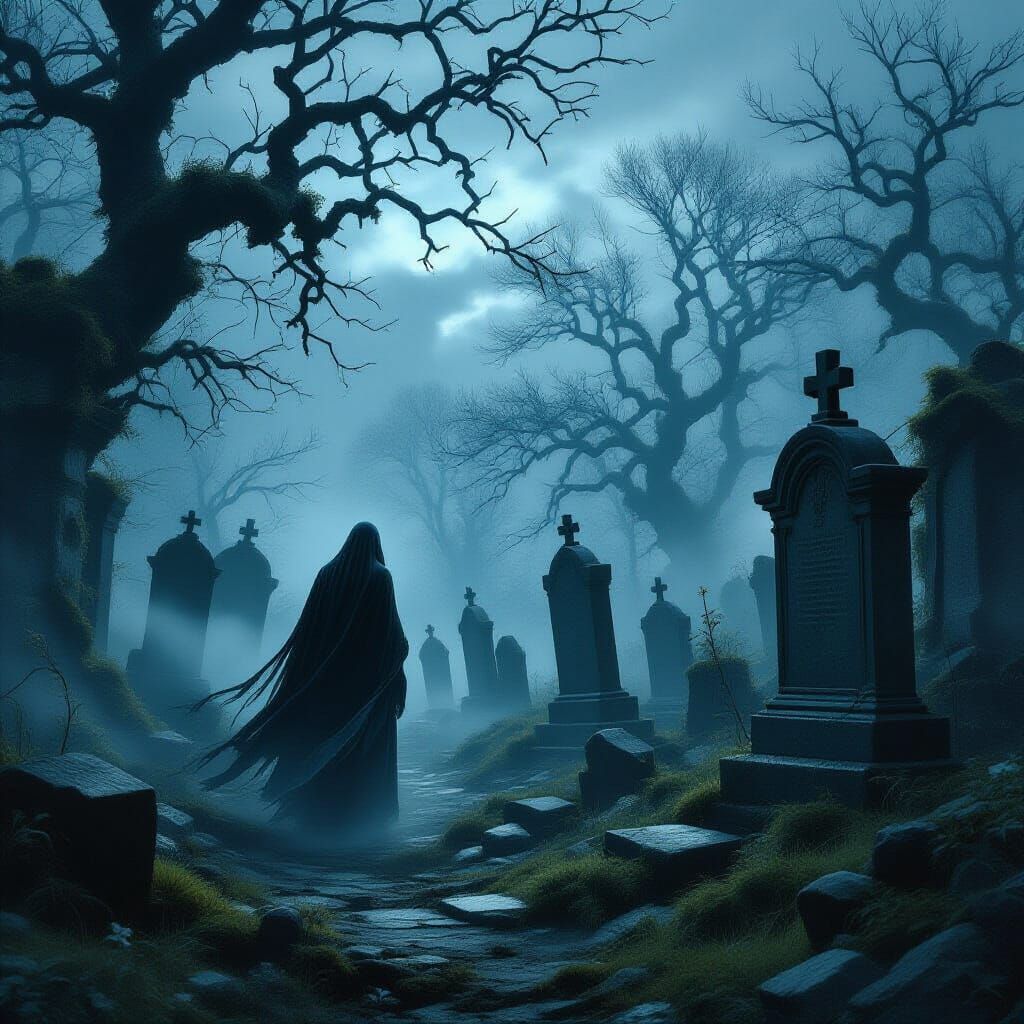 Spectral Figure in Surreal Bio-Mechanical Graveyard Twilight