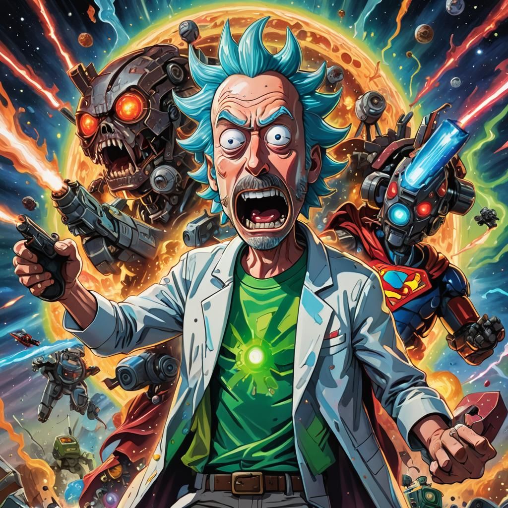 Rick as Superman Fighting Robots in Hyper-Detailed Painting