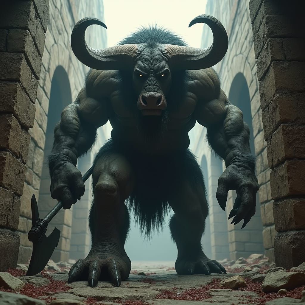 Colossal Minotaur in Crumbling Labyrinth: 3D Render