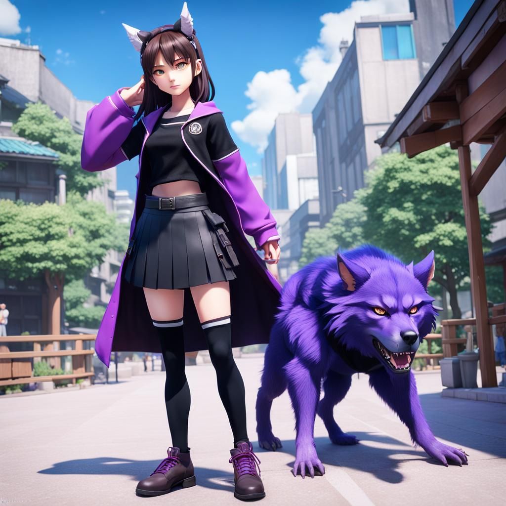 Confident Anime Werewolf Girl in 3D Art Style