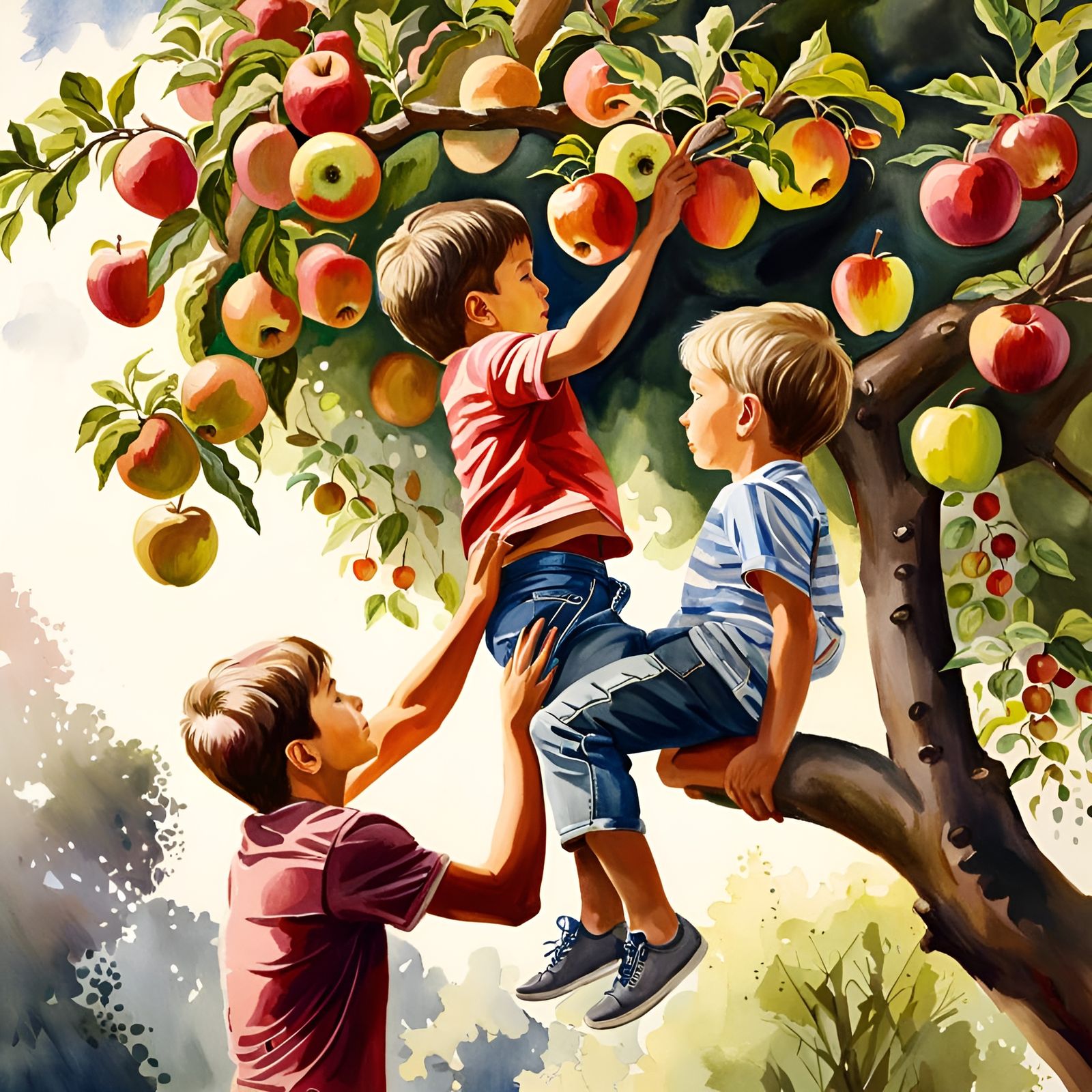 Boys Reach Apple: Watercolour Action Painting
