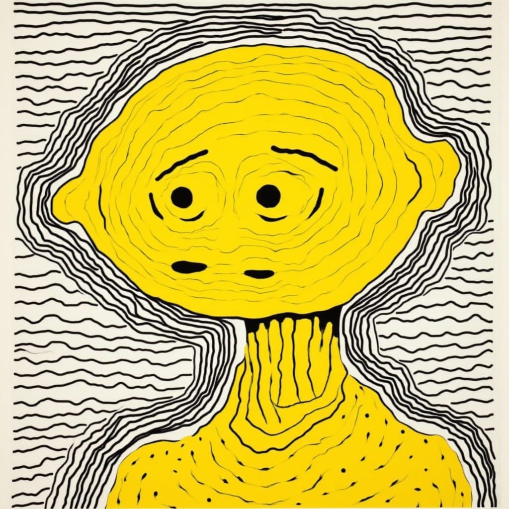 Linocut Portrait with Lemon Head in Op Art Style