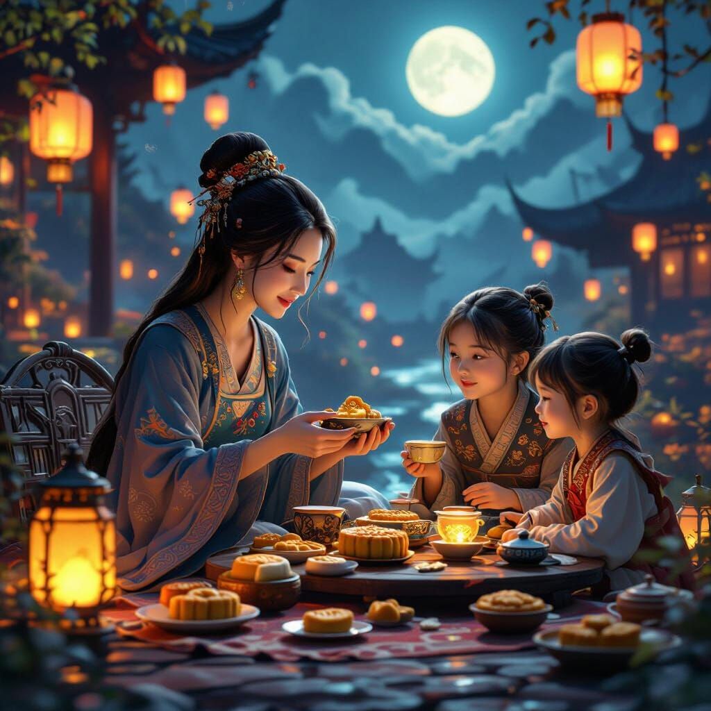 Ancient Lady Shares Mooncakes and Tea with Family