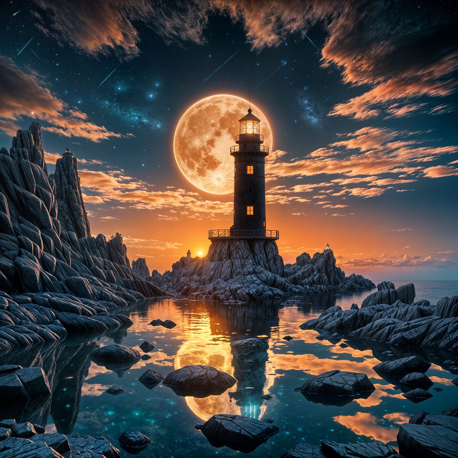 Neon Sunset Lighthouse Silhouette in 3D