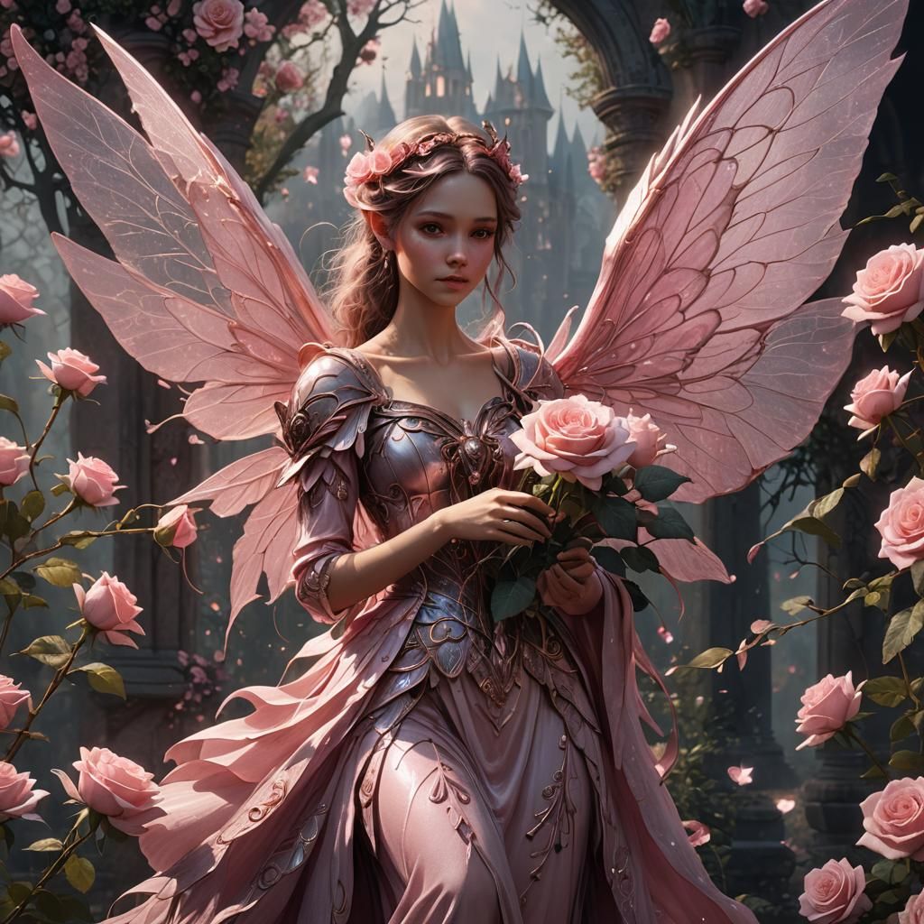 Rose-Holding Fairy with Pink Wings