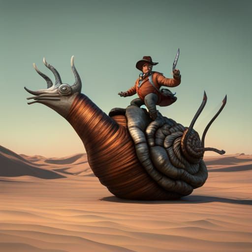 Steampunk Cowboy Rides Giant Snail: 3D Matte Painting