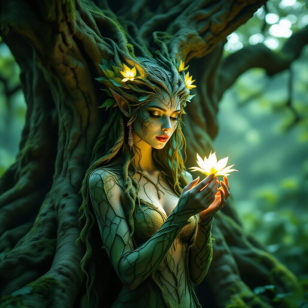 Ethereal Dryad Emerges From Ancient Tree in Fantasy Art Styl...
