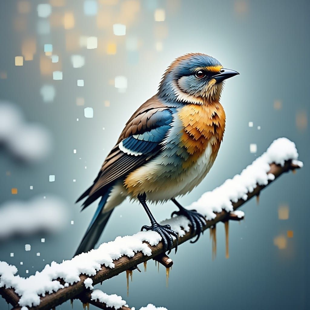 Pixelated Bird on Snowy Branch Fading into Pixels