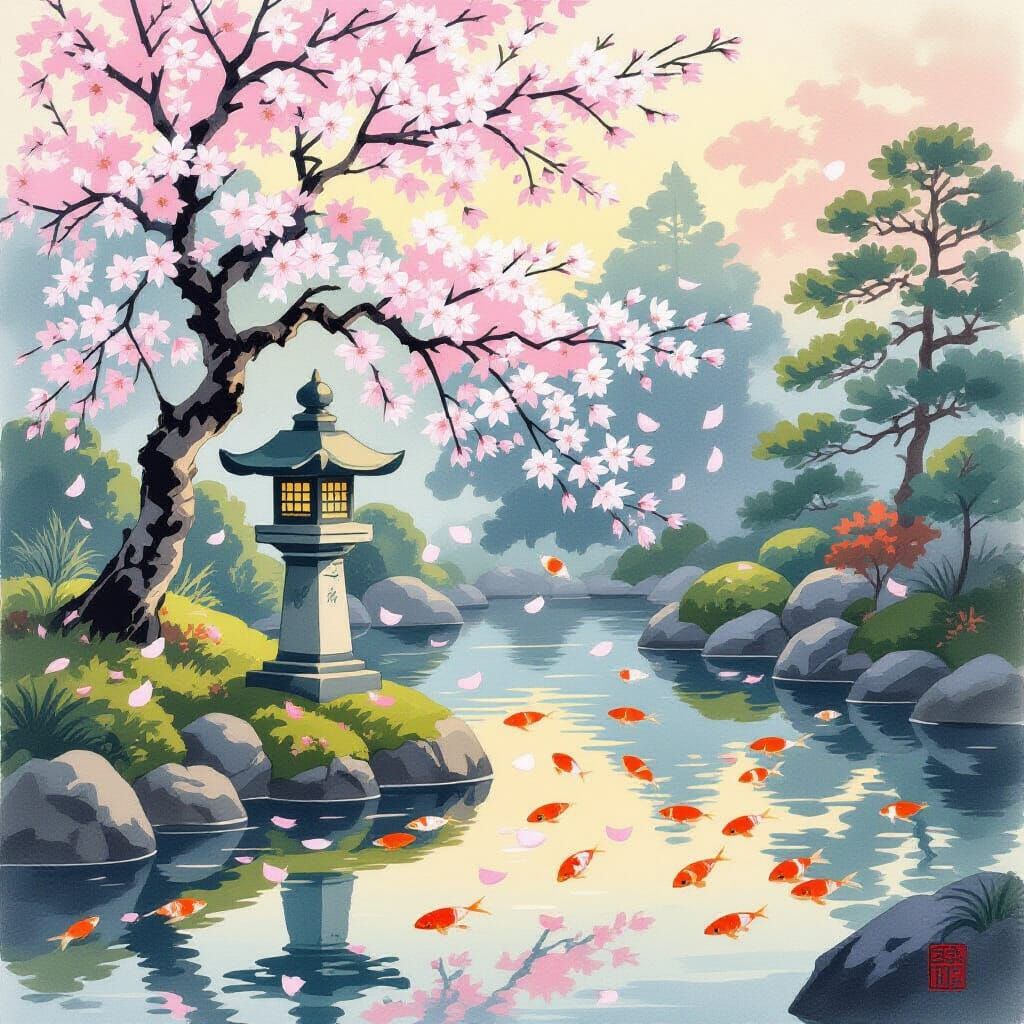 Serene Japanese Garden at Dawn with Cherry Blossoms