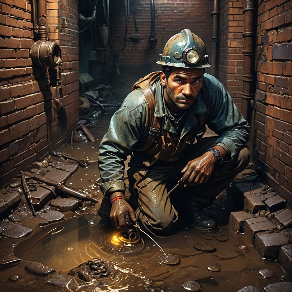 Moody Hyperrealistic Sewer Worker in Dramatic Lighting