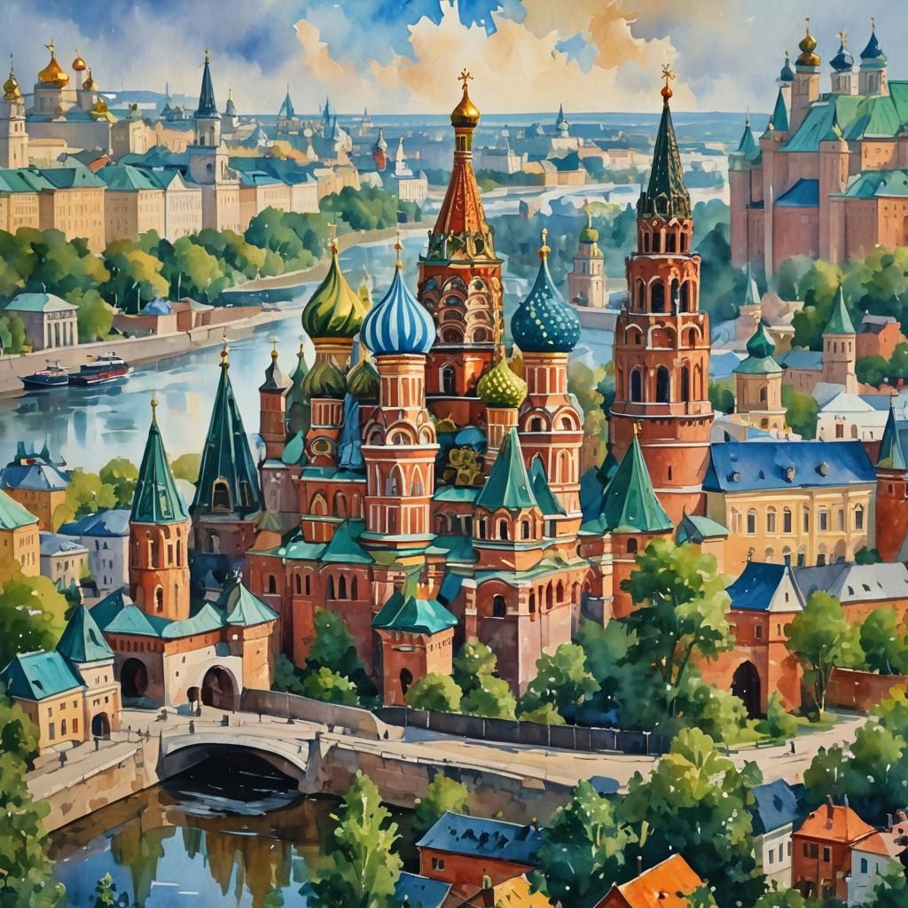 Russian Landscape in Gouache Watercolor Style