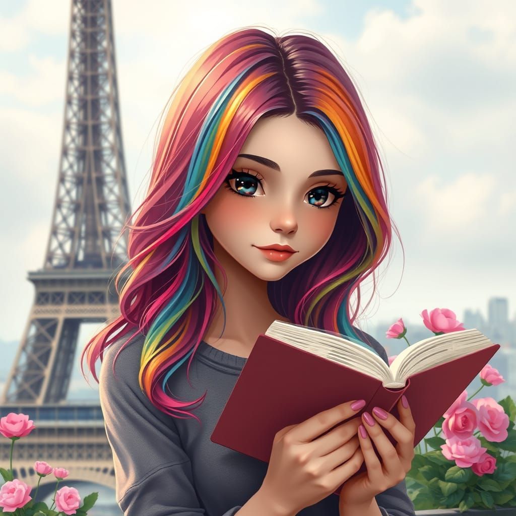 Parisian Girl with Rainbow Hair Digital Art