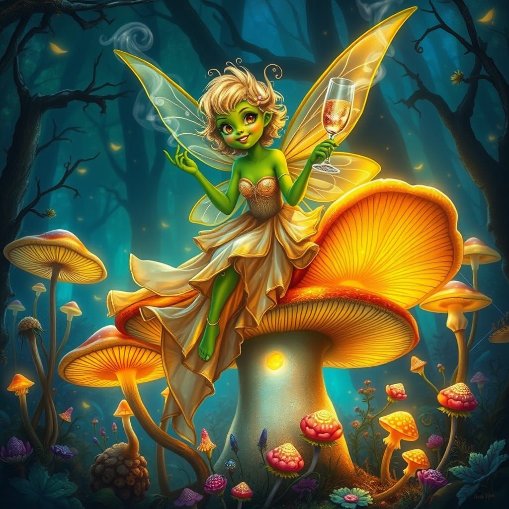 Bioluminescent Fairy Blowing Smoke Rings, Digital Painting