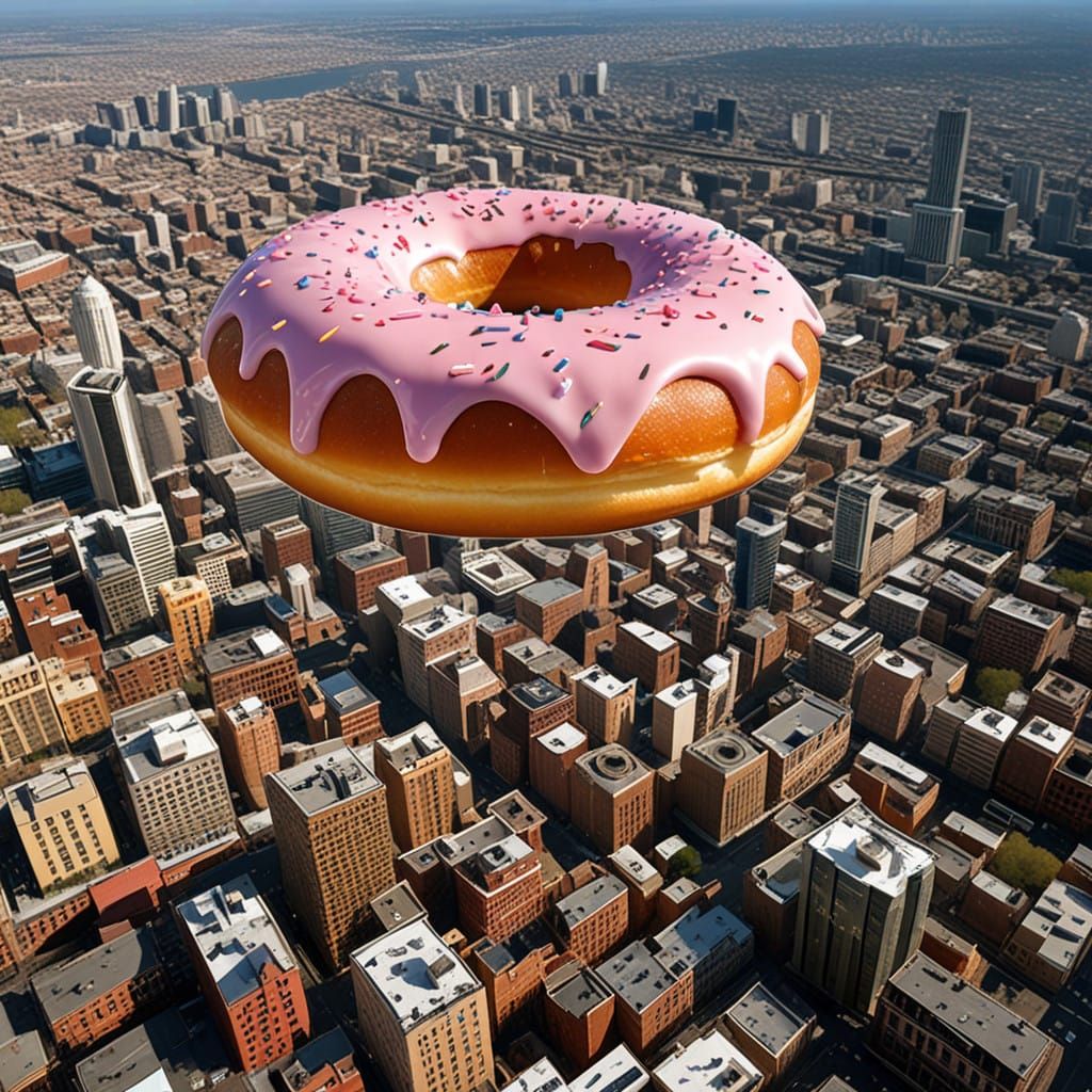 Surreal Cityscape with a Massive Doughnut Hovering Above