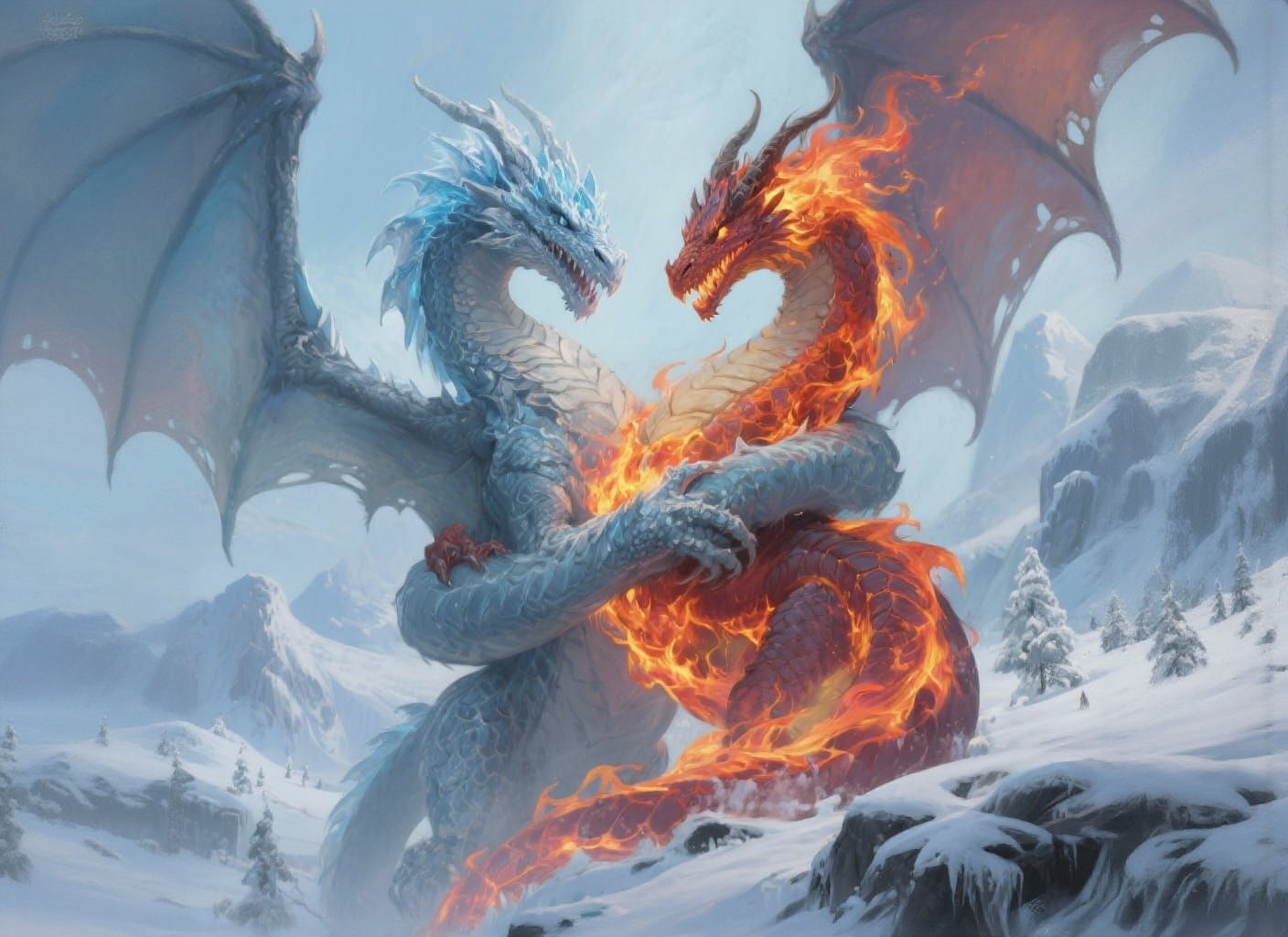 Ice and Fire Dragons Embrace in Contrasting Landscapes