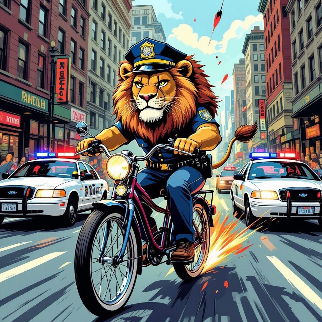 Lion Cyclist Evades Police in Comic Book Chase