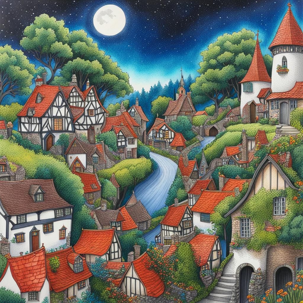 Fantasy English Village in Colored Pencil