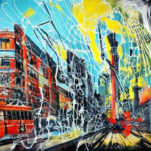 City Tram of Spiderwebs in Vibrant Splash Art Style