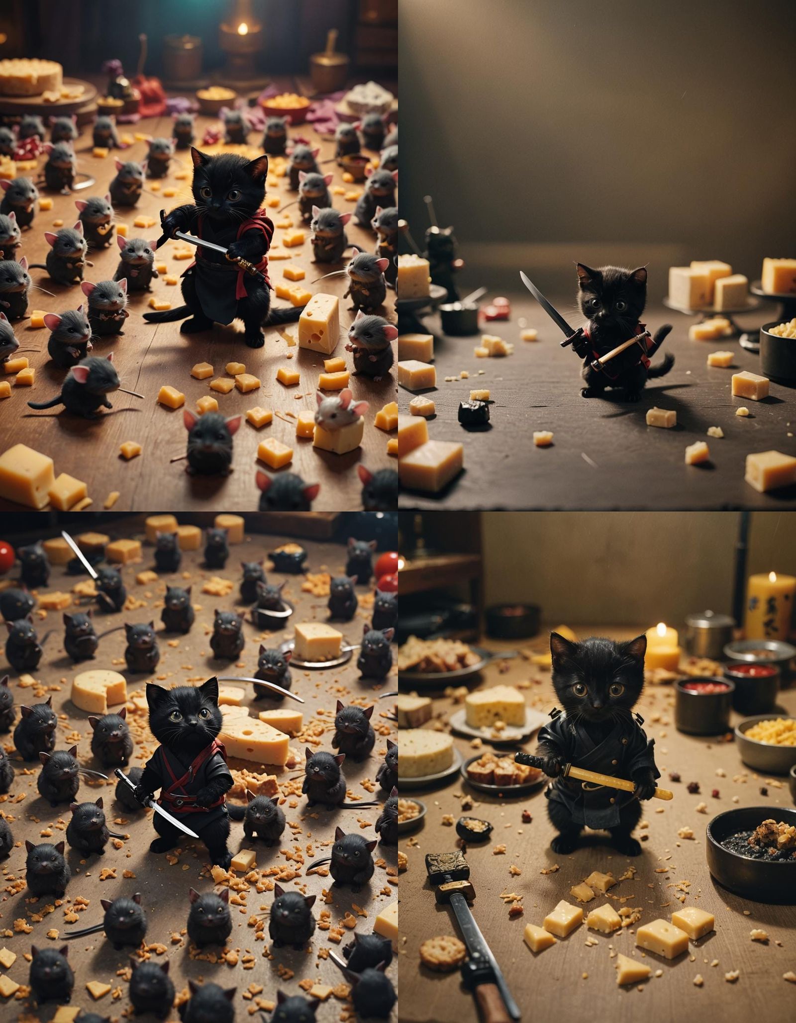 Ninja Kitten Chopping Cheese: Cinematic Film Still