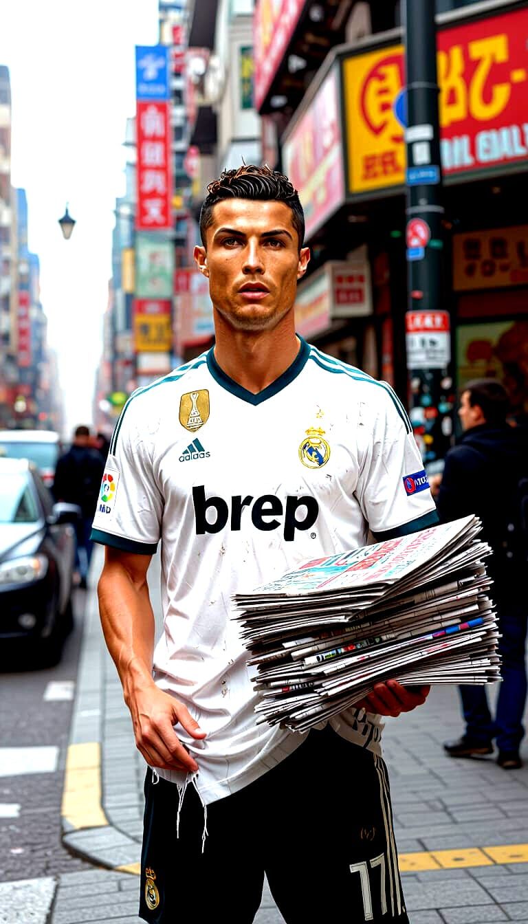 Ronaldo as Street Vendor: Hyperrealistic Newspaper Scene