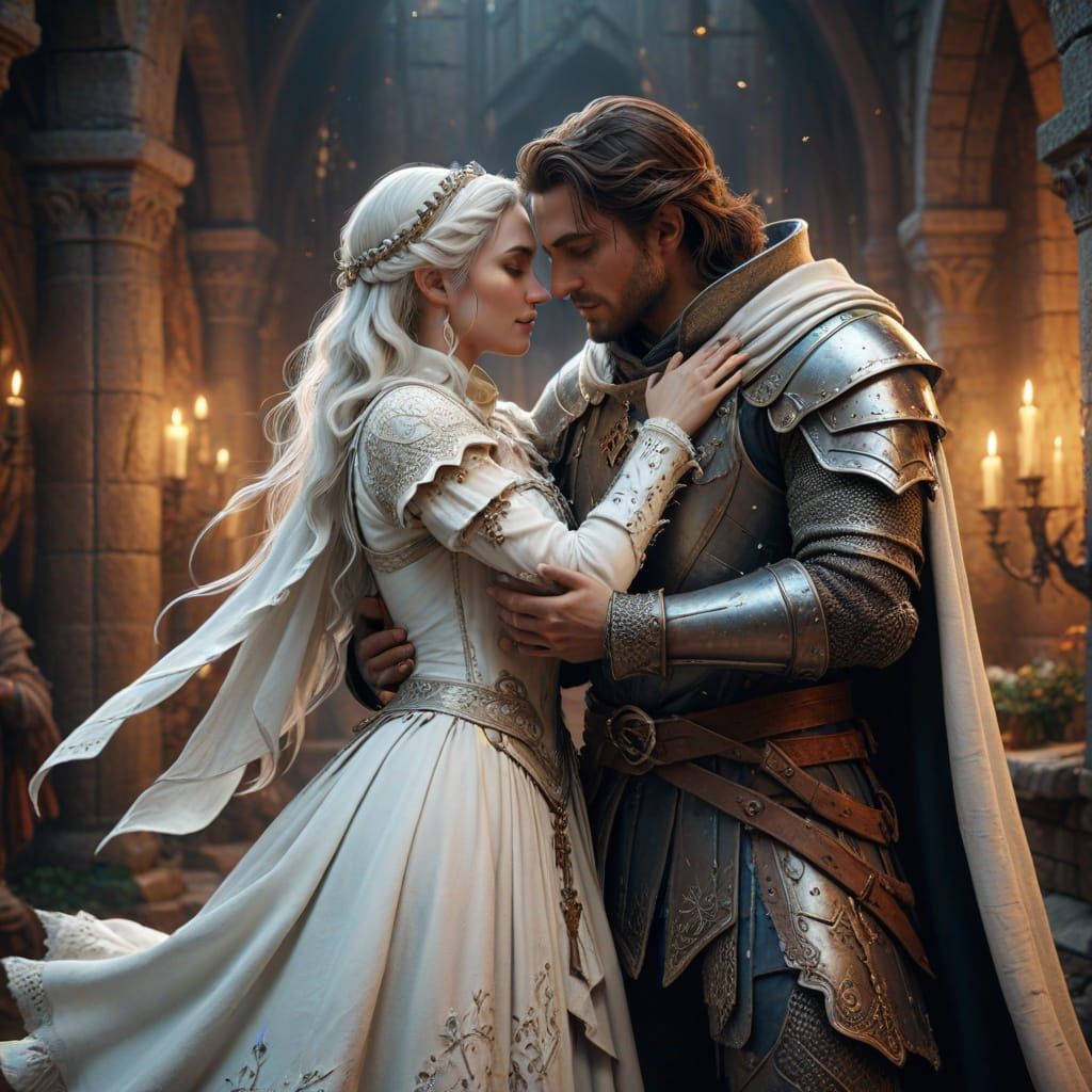Medieval Couple in White, Embracing in a Fantastical Realm