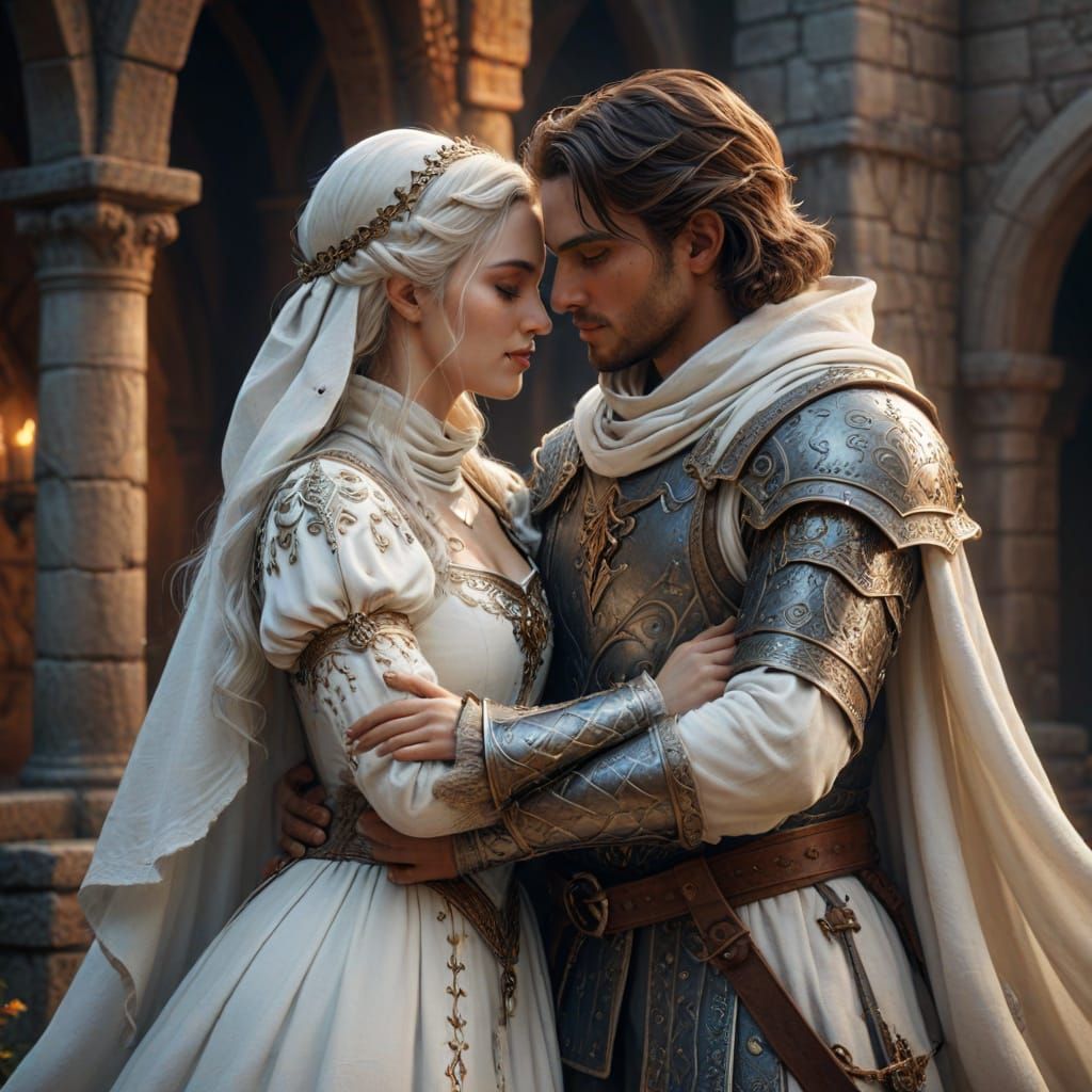 Medieval White Knight and Maiden Embrace in Fantasy Realm