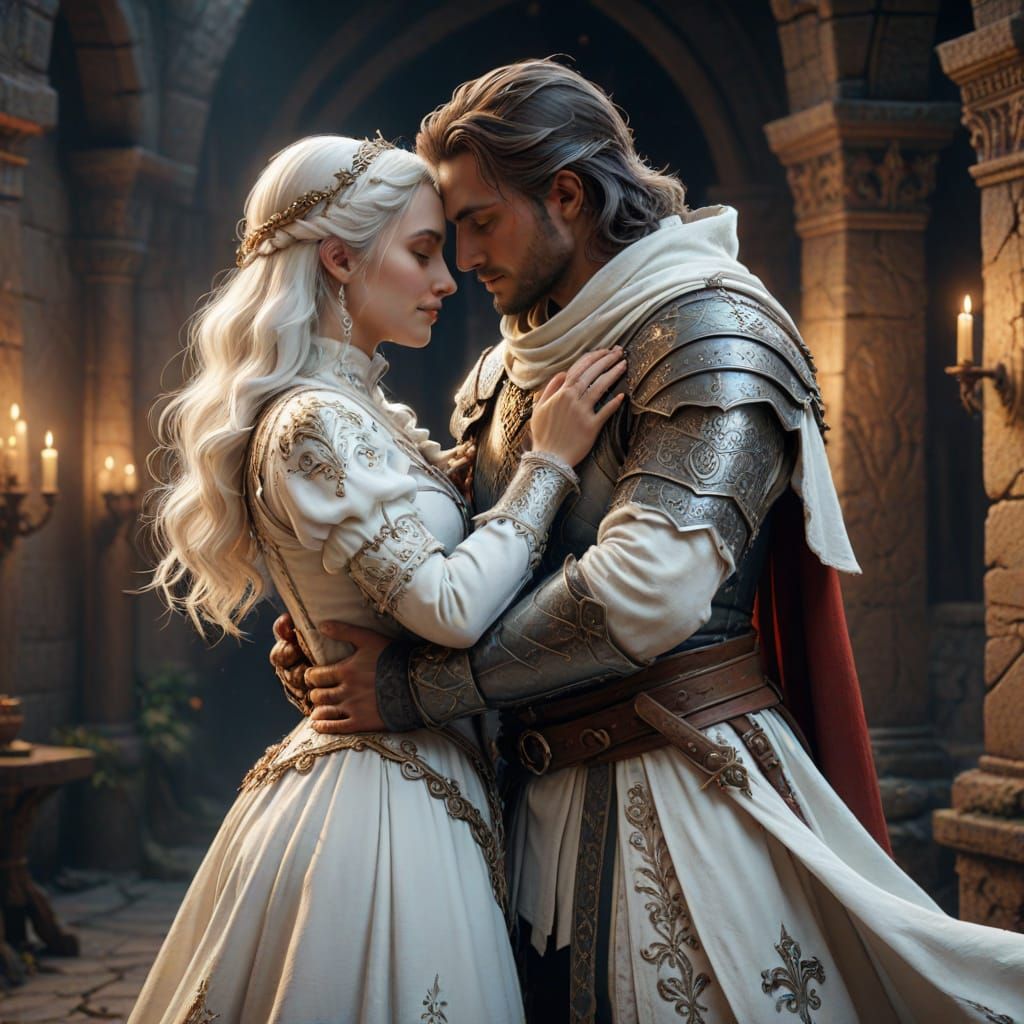 Medieval Fantasy Couple in White Hugs in Dreamy Landscape