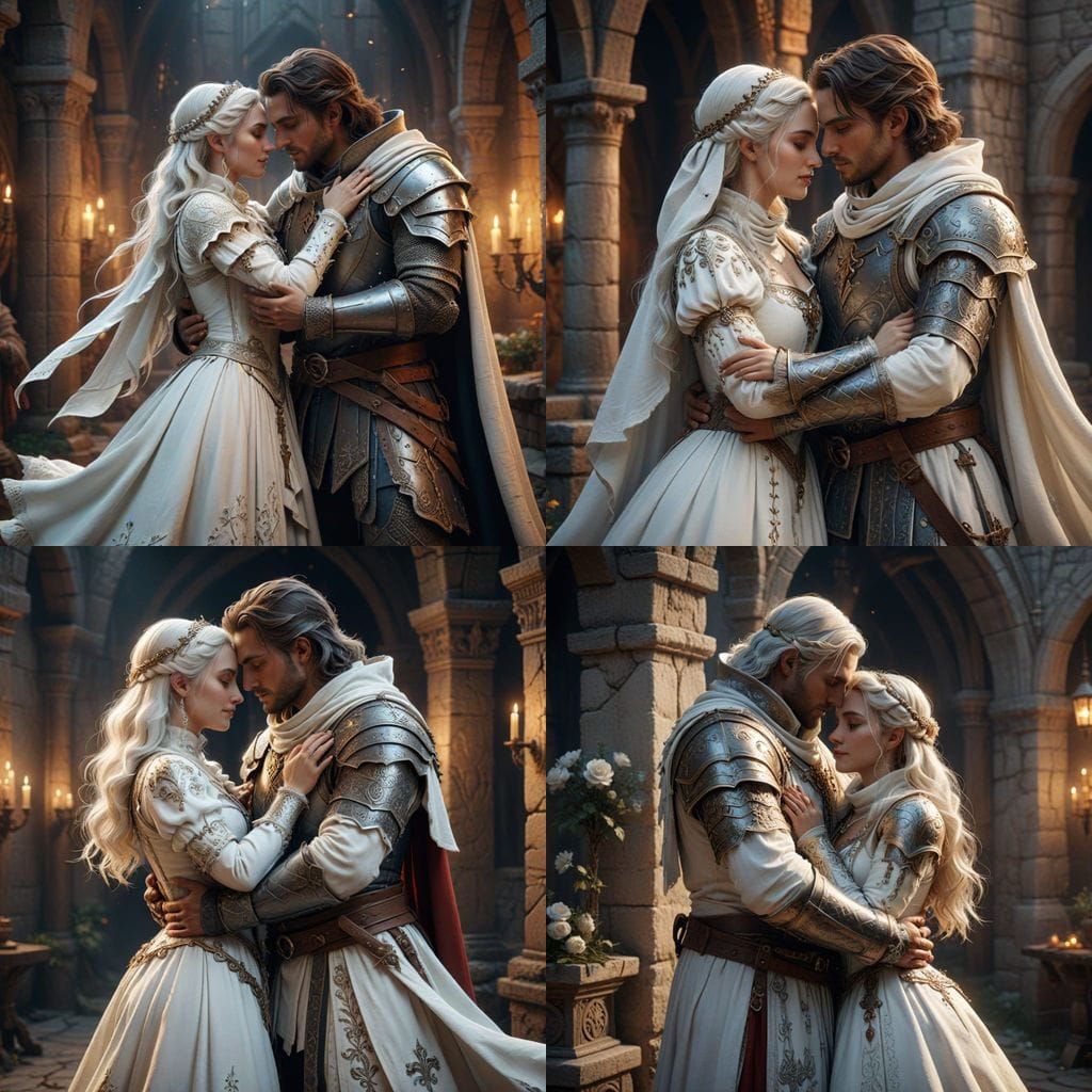 Medieval Fantasy Couple in White, Embracing in a Dreamlike L...