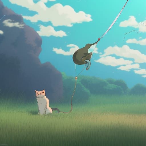 Octopus Cat Flying Kite: Studio Ghibli Style