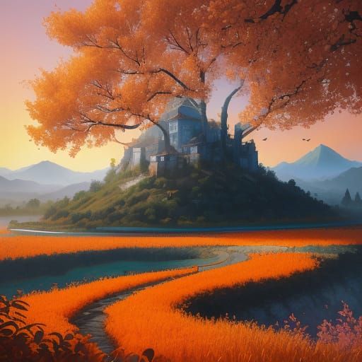 Farmer Amidst Vibrant Orange Trees in Sumi-e Style