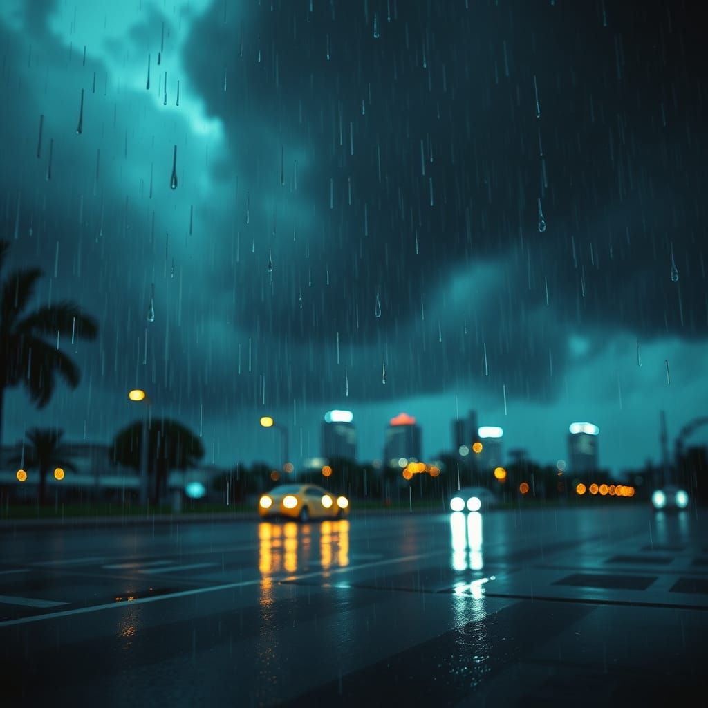 Torrential Downpour in a Blurred Cityscape, Hyperrealistic S...