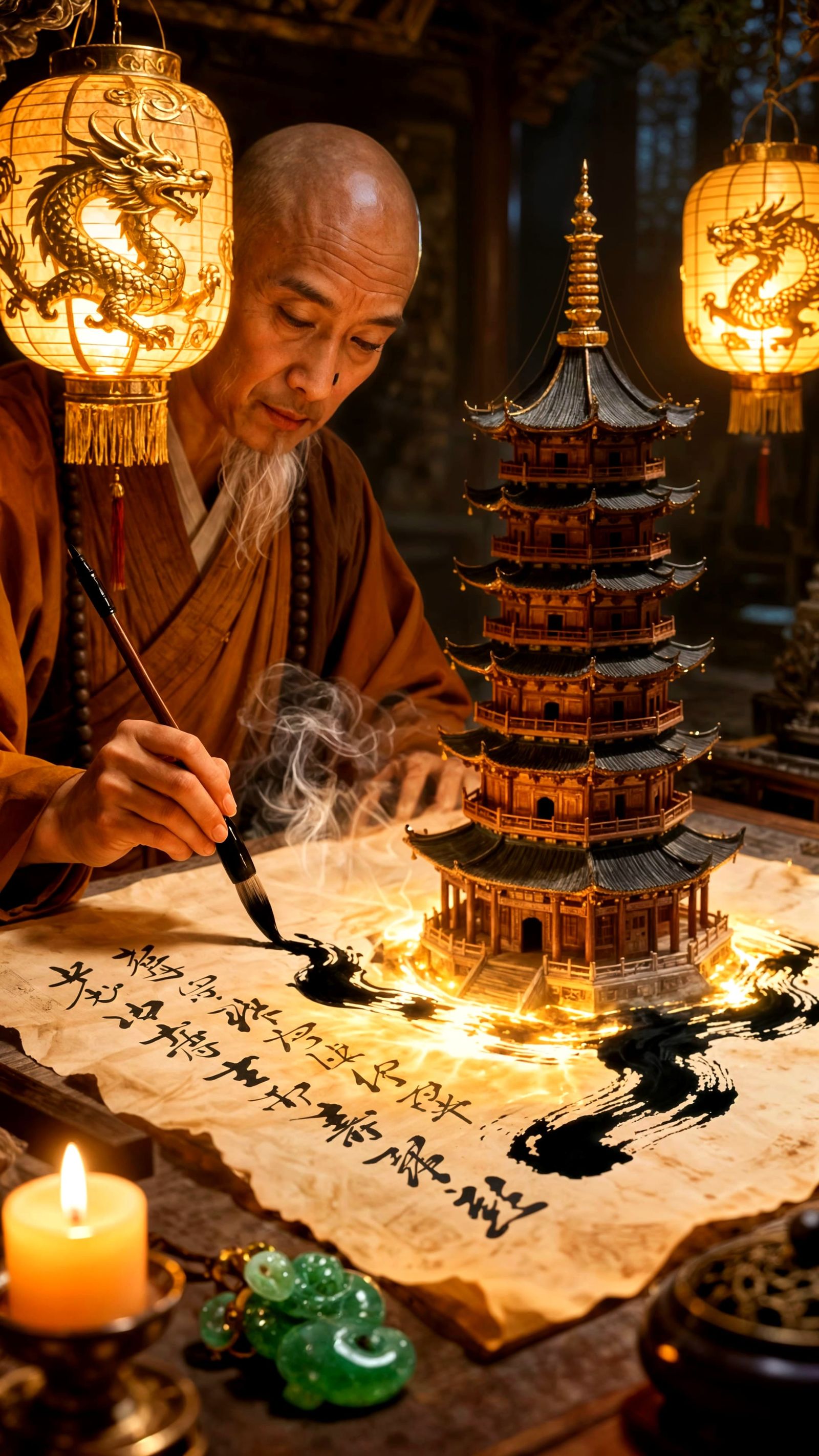Monk Creates Pagoda From Ink in Hyperreal Artwork