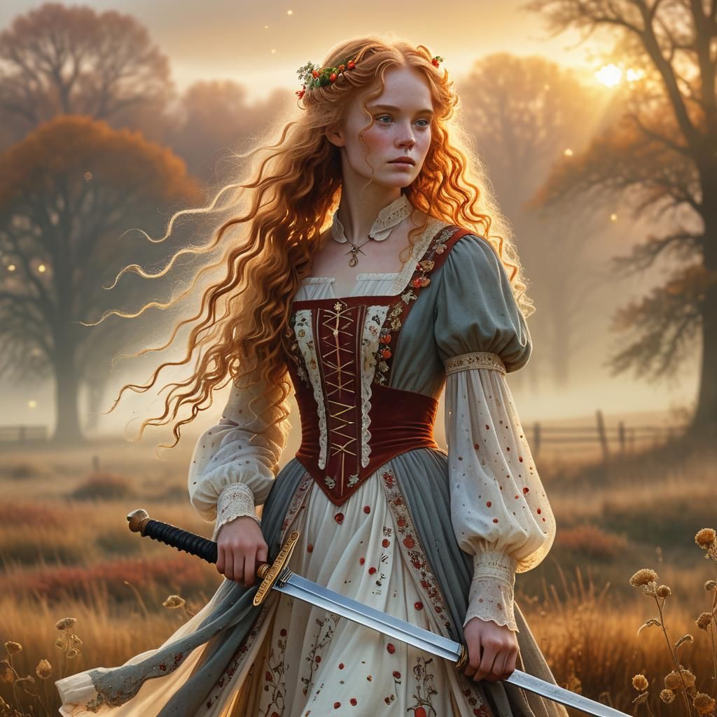 Fantasy Swordswoman in a Victorian Autumn Landscape