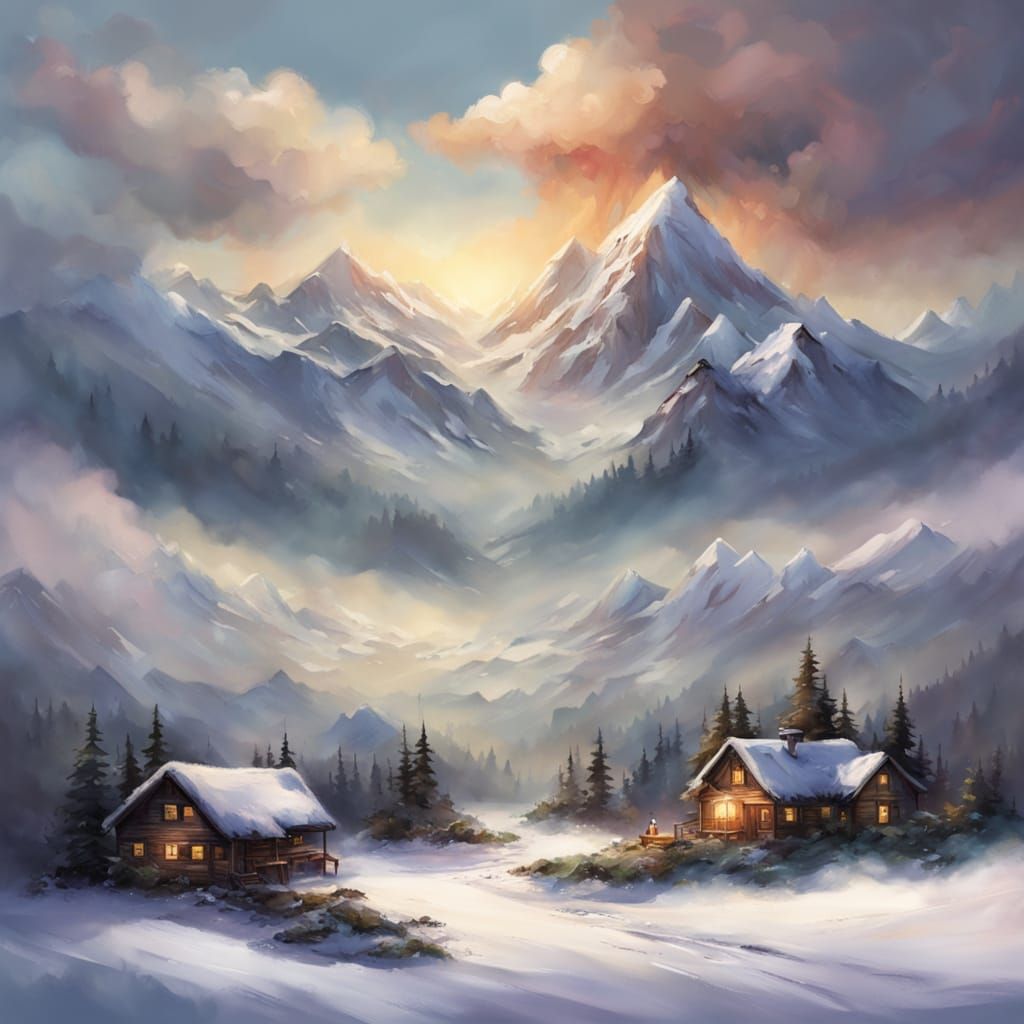 Epic Mountain Vista Above Clouds with Village Below