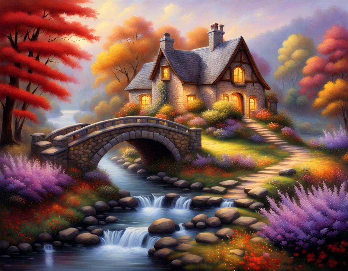 Autumn Fantasy: Stone Bridge Oil Painting