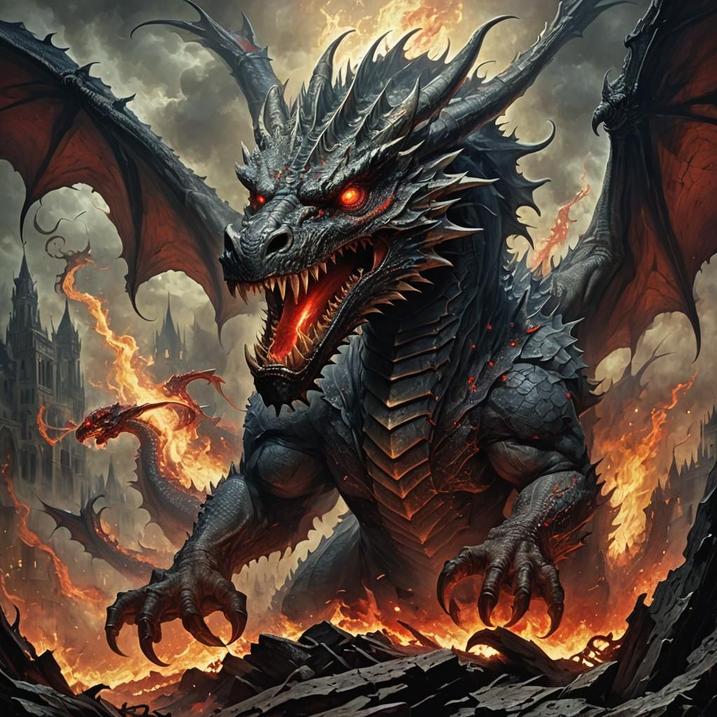 Fiery Red-Eyed Dragon in Horror Illustration Style
