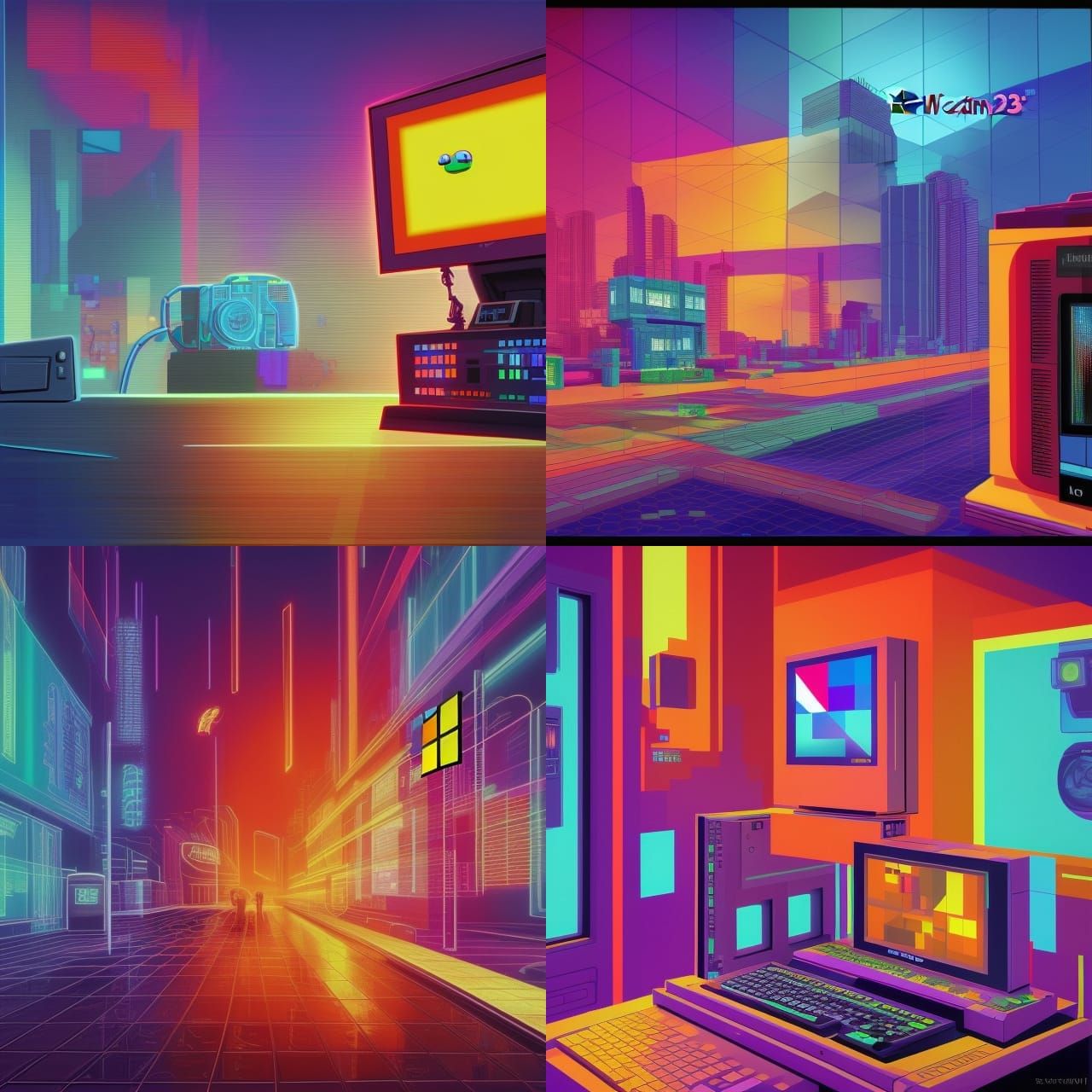 Futuristic Windows 2049 Desktop: Hyperrealism and Pixel Art