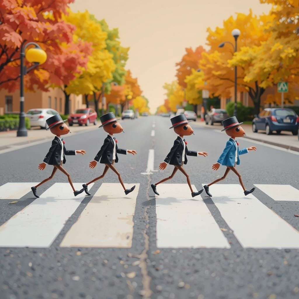 Ant Beatles on Abbey Road in Whimsical Style