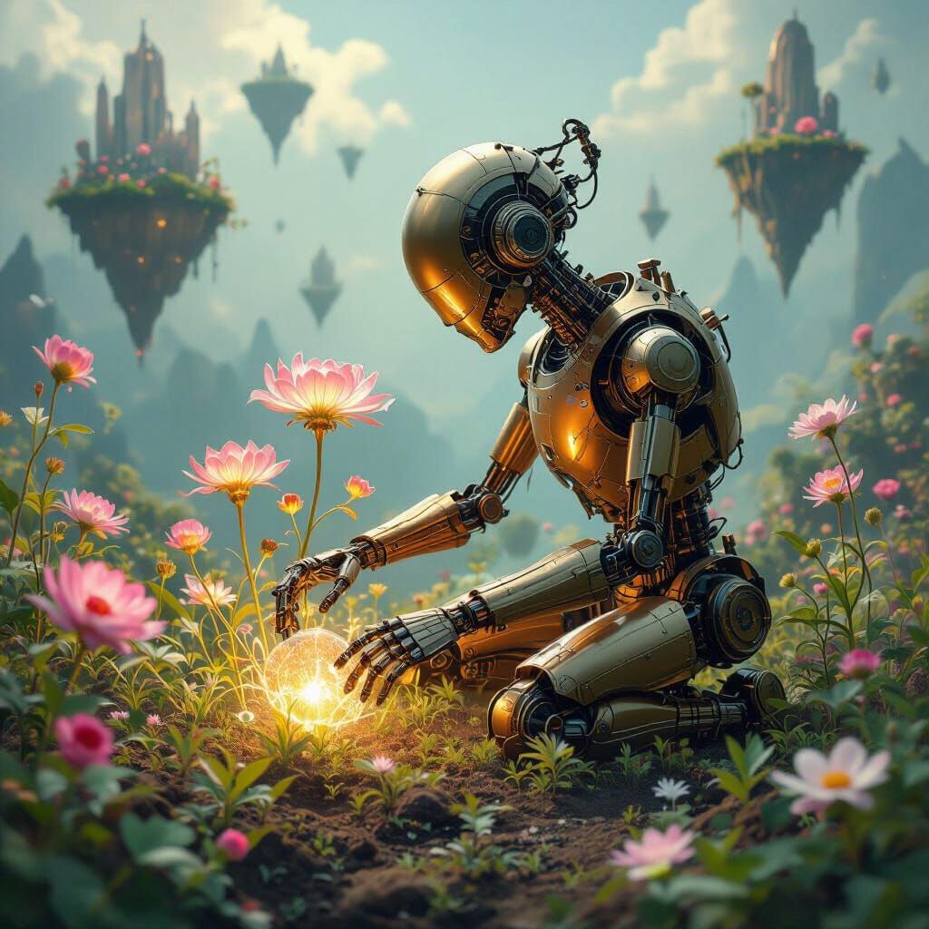 Mechanical Gardener Tending Surreal Garden