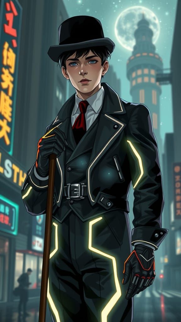 Cyberpunk Chaplin in Futuristic Cityscape
