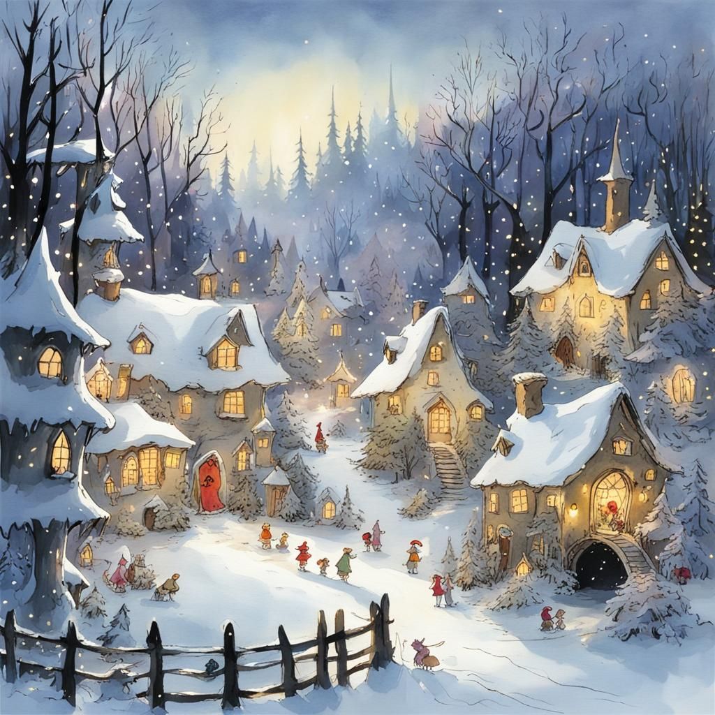 Enchanting Fairy Village in Snowy Forest